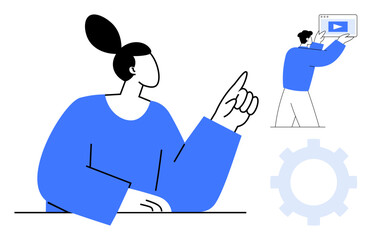 Person gesturing with a raised finger, gear symbol for process, another individual holding a video player. Ideal for teamwork, education, communication, productivity, creativity, collaboration