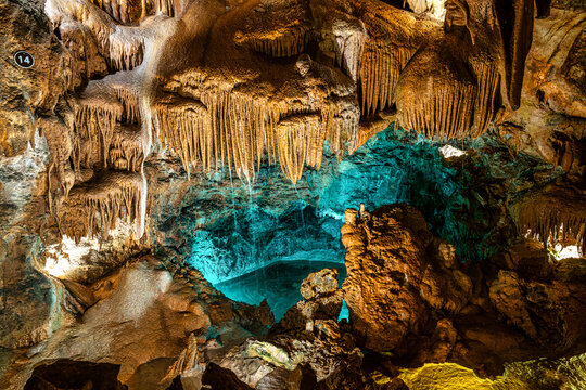 Mira de Aire Caves, Grutas de Mira de Aire at Leiria, Portugal. A set of limestone caves in Porto de Mos - Powered by Adobe