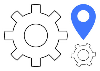 Gear mechanism in two sizes and a vibrant blue location pin highlighting concepts of process, navigation, and coordination. Ideal for workflow, innovation, strategy, teamwork, mobility, systems