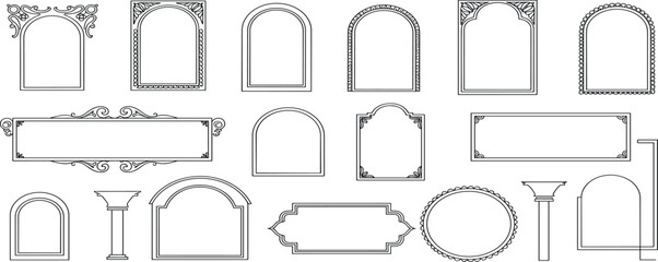 Set of oriental style arabic gold borders and frames. Collection of linear style Islamic windows, doors in boho style. Arabic minimal shape arch. 