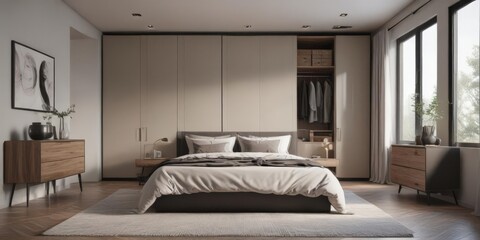 Spacious modern bedroom with walk-in closet, sleek furniture,  interior design,  walk-in closet