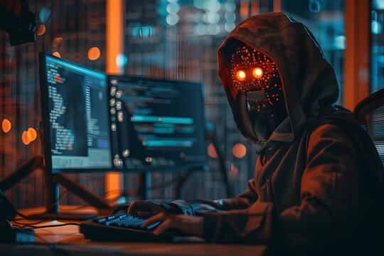 Cyber hacker with illuminated mask typing on keyboard - Powered by Adobe