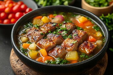 A hearty and savory beef soup with vegetables in a rustic bowl.