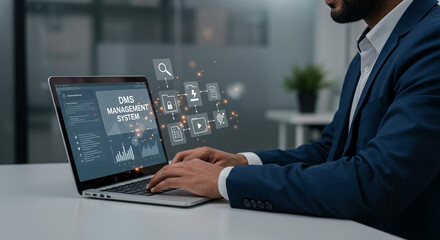 Fototapeta premium Streamline workflows with a modern DMS Management System laptop screen shows intuitive interface