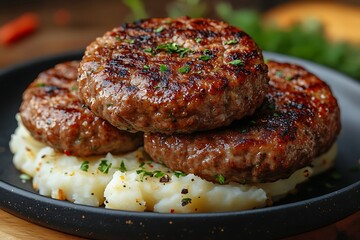 Three juicy grilled beef burgers served on a bed of mashed potatoes.