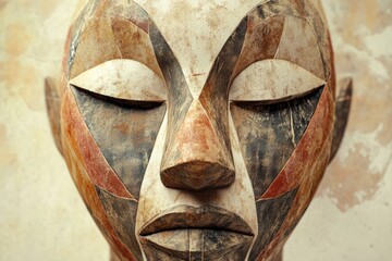 Geometric African mask with closed eyes,  distressed wood, earthy tones, intricate design.