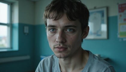 Obraz premium Exhausted man in a hospital room with a weary expression and blue walls