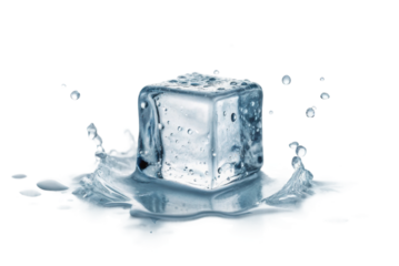 Ice cube splashing into water creating droplets and ripples for refreshing summer drinks