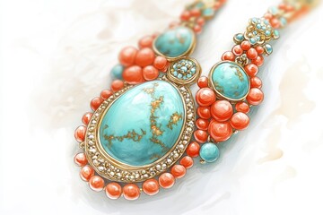 Elegant necklace featuring turquoise and coral beads, meticulously crafted with gold settings.