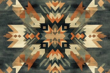 Geometric textile design with symmetrical patterns in earthy tones of orange, beige, and gray.