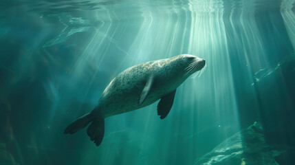 Obraz premium Adorable seal swimming beneath the sun-dappled surface of the sea.