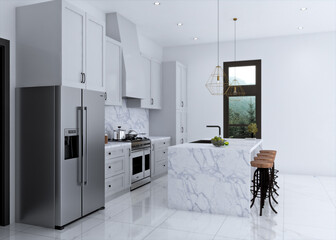 Sleek & Spacious: The Ultimate White Modern Kitchen with Marble Countertops & Stainless Steel Appliances