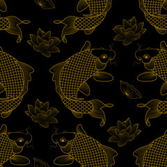 Luxurious golden carp and lotus pattern, line drawing on black background.