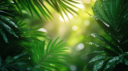 Obraz premium Lush green jungle foliage with sunlight and dew-covered leaves