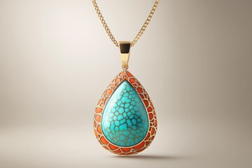Elegant teardrop pendant necklace featuring turquoise and coral, gold chain.
