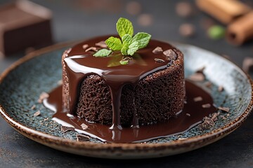 Chocolate cake with melted chocolate topping on a plate