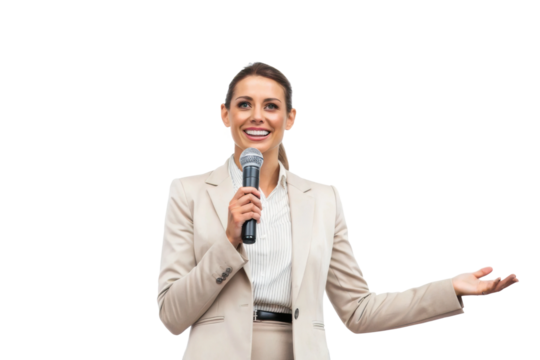 Engaging speaker delivering a presentation at a corporate event in a professional suit