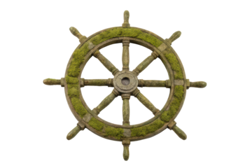 Nautical decor concept featuring an aged ship's wheel adorned with moss, perfect for maritime-themed interior design