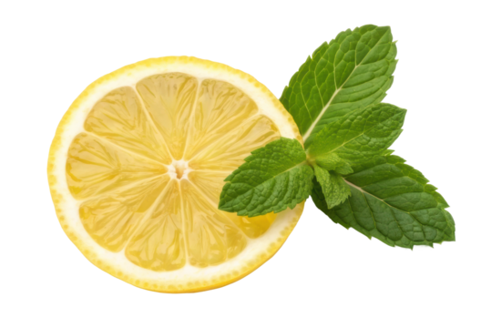 Fresh lemon slice with green mint leaves for culinary use and beverage garnishing