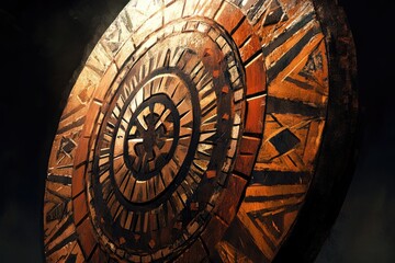 Obraz premium Intricate circular artwork with concentric patterns, earthy tones, and ancient-inspired design.