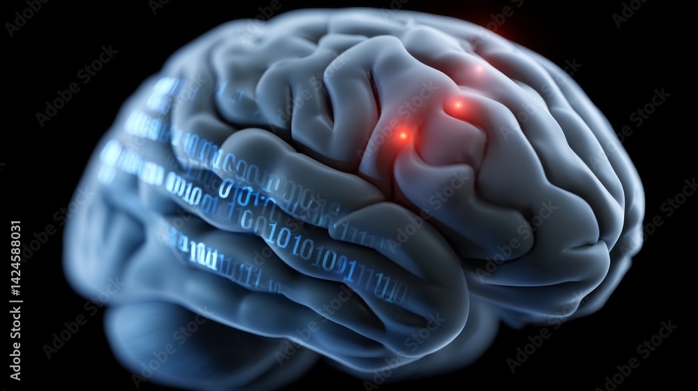 Poster the concept of big data and stock is illustrated through a 3d render of a digital computer brain flo