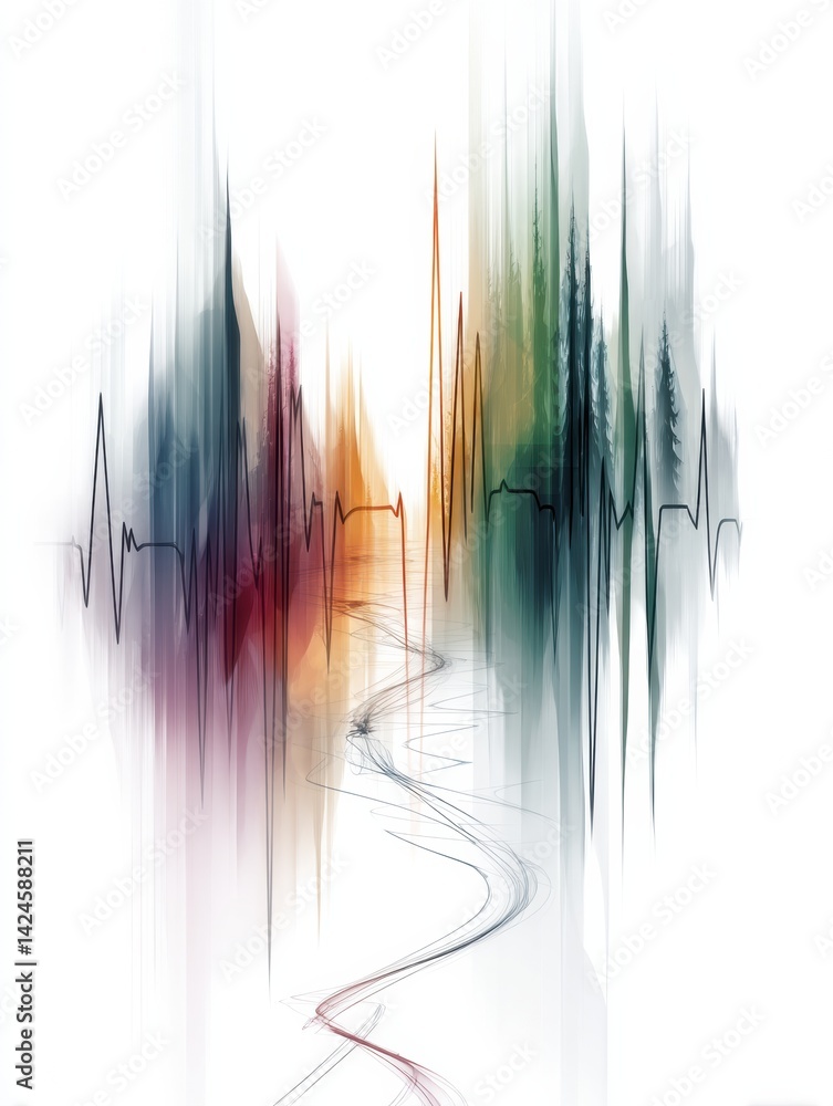 Poster Abstract Expression of Heartbeat Line Merging With a Winding Running Path in a Vibrant Landscape, Symbolizing Life and Motion in Nature