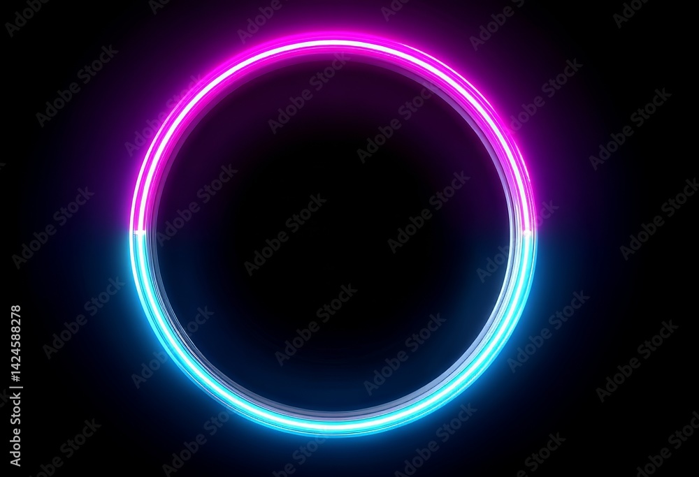 Poster a 3d rendering featuring neon lights, a circular frame, and empty space for text, all set against an