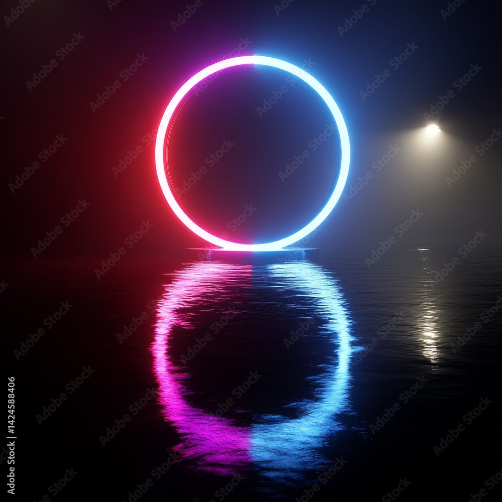 Poster a 3d rendering features an abstract background with a round portal, illuminated by pink and blue neo