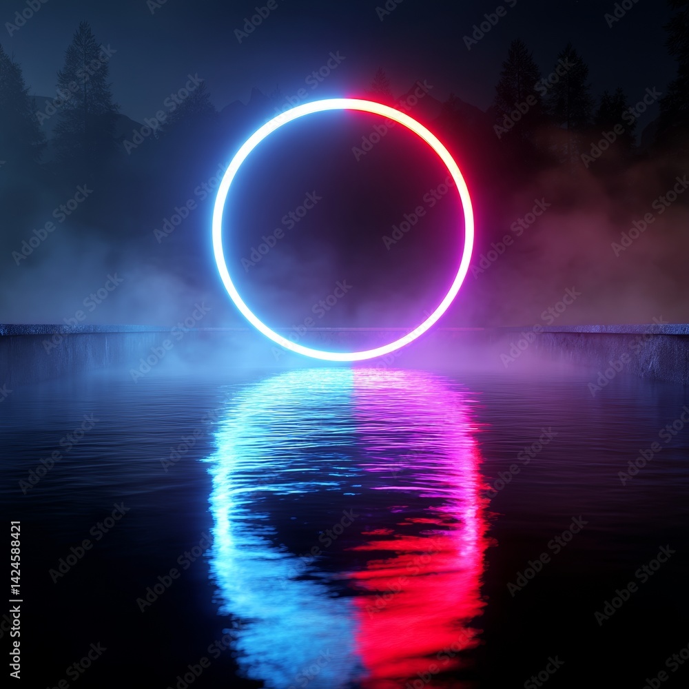 Poster the scene is set with a 3d render of an abstract background, where a round portal glows with pink an