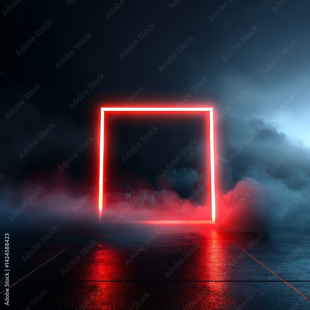 Poster a 3d rendering featuring an abstract background with a square portal, red neon lights, and elements 