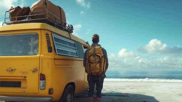 A solo traveler with a yellow backpack stands beside a retro van on a serene beach, gazing at the ocean. A perfect moment of freedom, vanlife, and the spirit of digital nomads in nature.