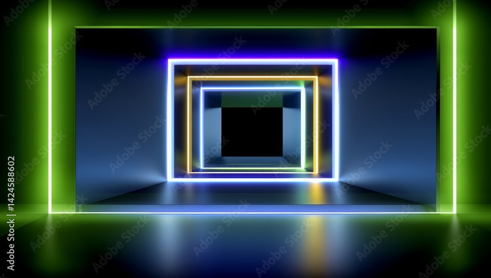 Aufkleber a 3d rendering featuring a virtual reality setting with neon lights, a square esoteric portal, tunne