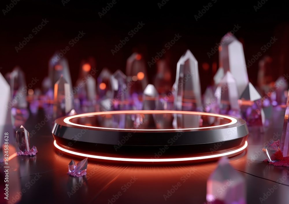 Poster a 3d rendering features an abstract background with a cosmic landscape, incorporating a round portal