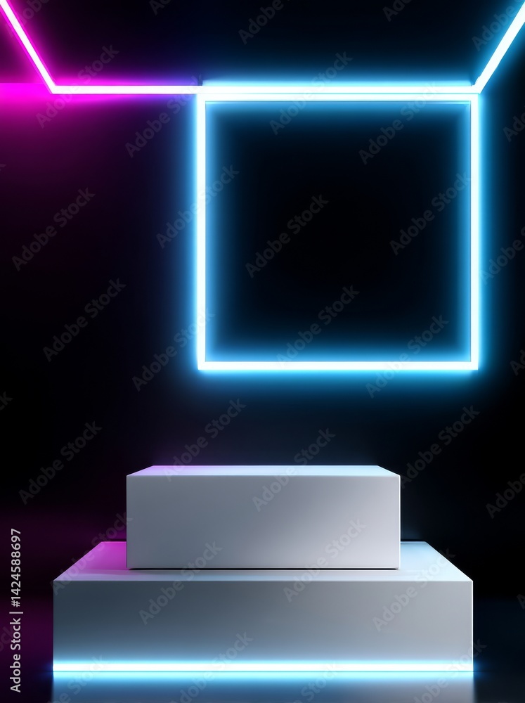 Poster the image is a 3d render of a minimalist geometric background with glowing neon lines, illuminated b