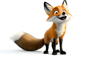 Fototapeta premium A cartoon fox is smiling and standing on a white background. Generated using AI.