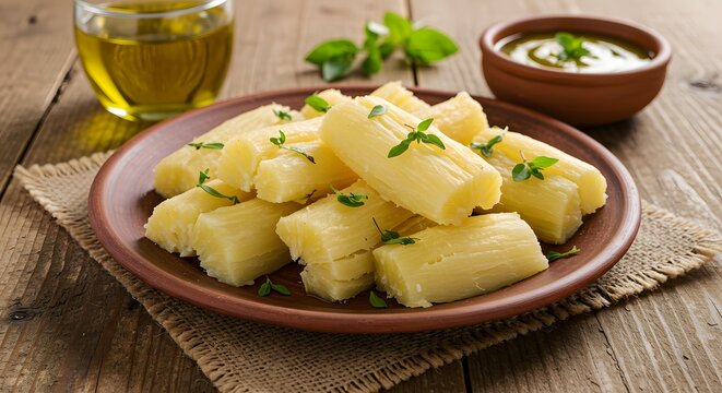 Delicious cooked cassava, served on a plate, adorned with fresh herbs, ready to eat.