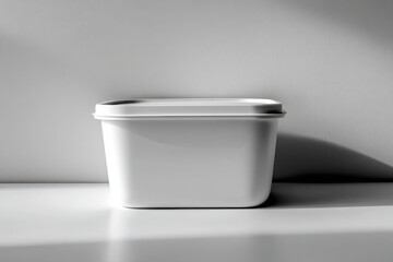 Elegant white storage container mockup for design  ideal for organizing, set against a soft gray background, minimalist concept