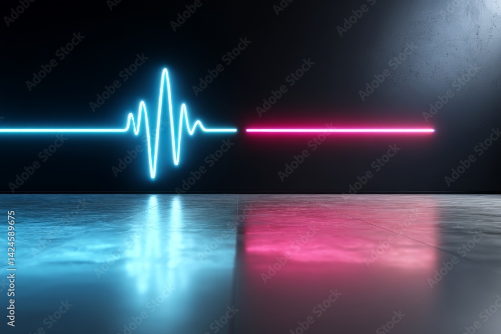 Poster the scene features a 3d render with an abstract background, including dynamic wavy lines on the floo