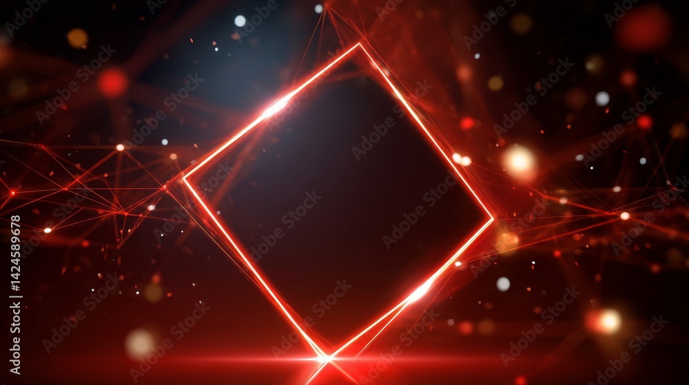 Poster a red virtual abstract background features a space tunnel adorned with neon line lights, accompanied