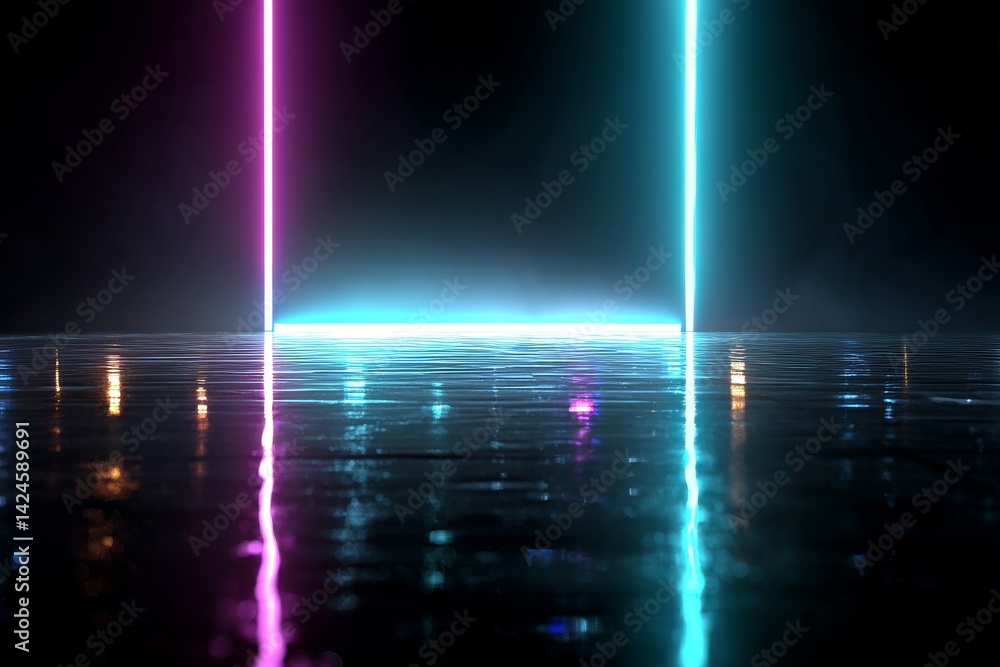 Aufkleber the scene is set with a 3d render of an abstract background illuminated by pink and blue neon lights