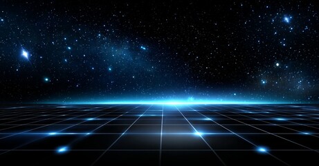 The background features a futuristic digital grid and particles in an abstract cyber technology environment, created as a 3D illustration