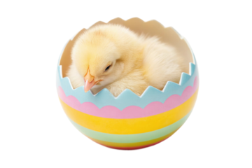 Cute chick emerging from colorful egg in bright pastel hues for Easter celebration and spring festivities