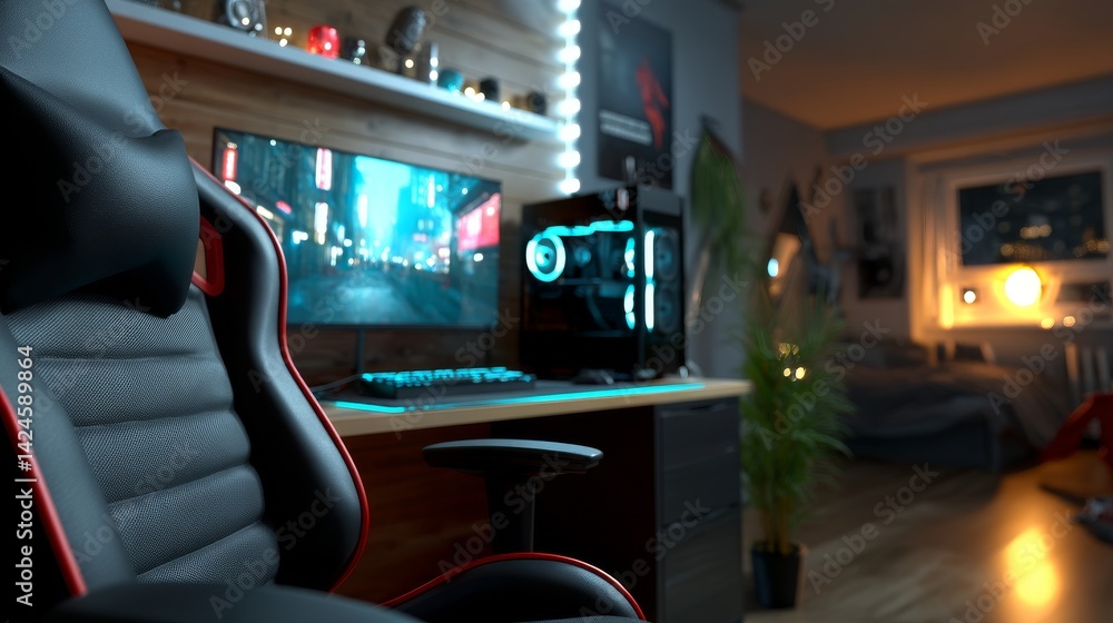 Poster a high-performance gaming pc setup is displayed on a screen with a first-person shooter game, positi