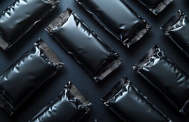 Black Packaging Mockup – Sleek Flat Lay of Shiny Grid-Patterned Boxes on Dark Surface for Modern Branding and Product Presentation

