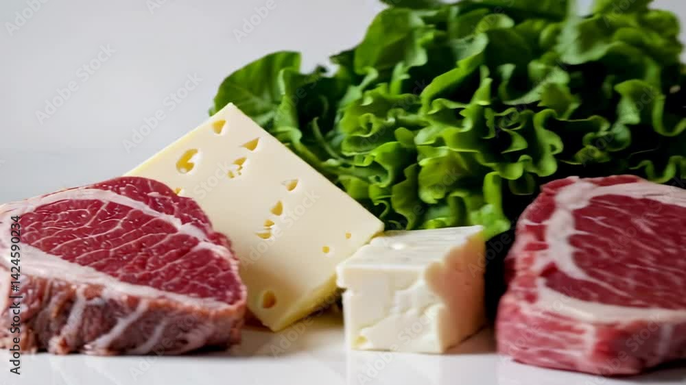 Poster composition featuring fresh red meat cuts, blocks of cheese, lettuce leaves, and blackberries, arran