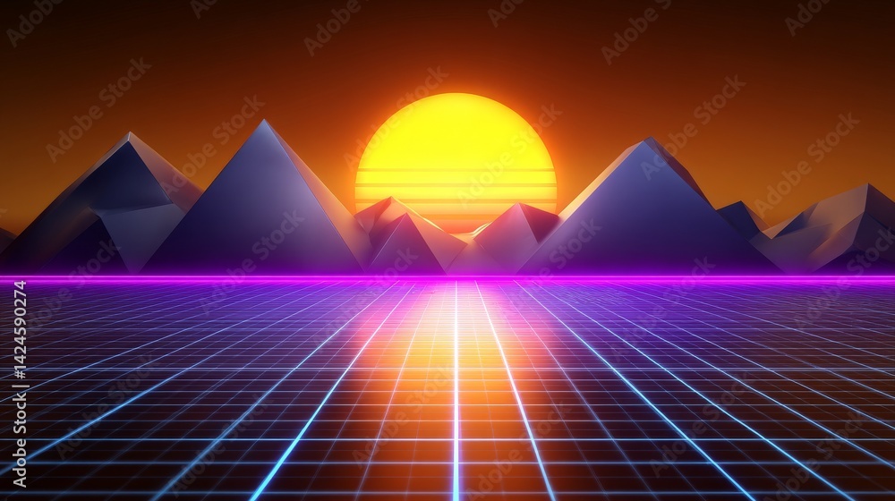 Poster a retro futuristic background is depicted in 3d rendering, set against a virtual space filled with s