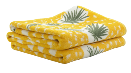 A yellow pineapple shaped cotton towel folded neatly into a rectangular shape with crisp, clean edges isolated on white background or transparent png 