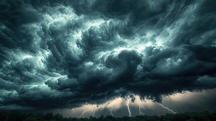 Dramatic storm clouds with lightning strikes over a dark forest