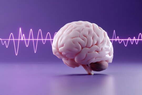 A 3D illustration featuring the concept of consciousness, with the brain and signal waves visible in the background
