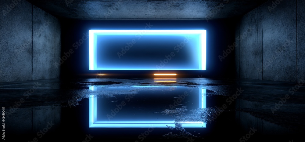 Poster blue glowing laser lights illuminate a desolate, futuristic concrete tunnel, evoking an otherworldly